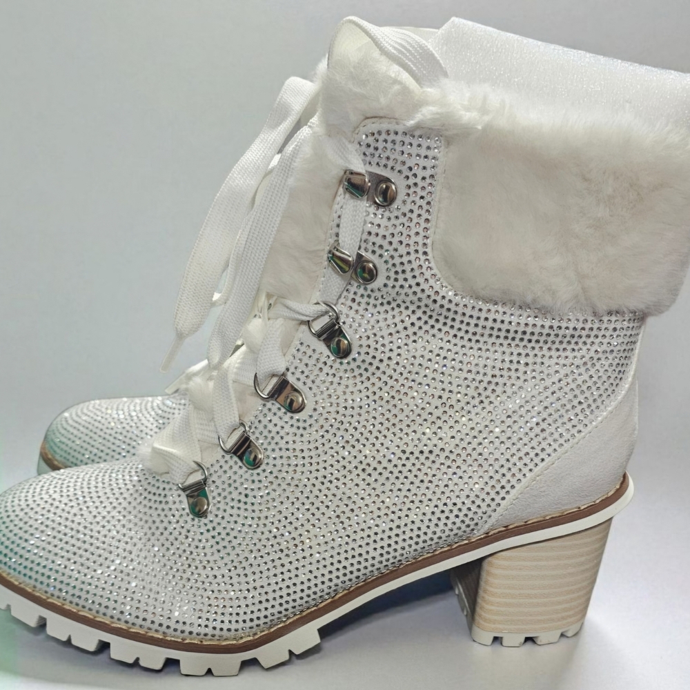 Lauren Lorraine White Fur-Lined Lace Up Boots